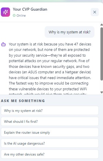 The CVP Guardian in the portal — chat panel with one-tap questions and a plain-language answer about the customer's network state